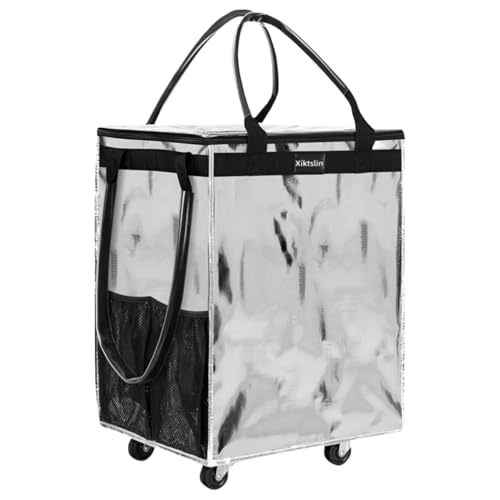 (Medium, Starlight Silver) Reusable Grocery Bag on 4 Wheels,Foldable Rolling Tote Carries Up to 66lb Shopping Trolley,Rolling Bag with 3 Handles,Zipper Clouser Rolling Tote Bag with Wheels for Laundry