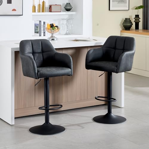 KHISCHMO Lot de 2 Tabourets de Bar Pivotants, Tabourets Hauts Modernes en Cuir PU avec Accoudoirs, Hauteur Réglable, pour Restaurant, Bar, Cuisine,Noir