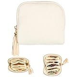 Étui à bijoux de voyage avec fermeture éclair et pompon, sac de rangement portable en velours avec plusieurs compartiments pour colliers, bracelets et bagues (blanc)