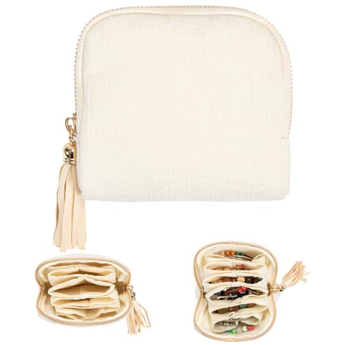 Bafiwu Travel Jewellery Case, Jewellery Pouch with Zipper Velvet,Portable Jewellery Travel Case Storage with Multiple Compartments for Necklaces, Bracelets & Rings (White)
