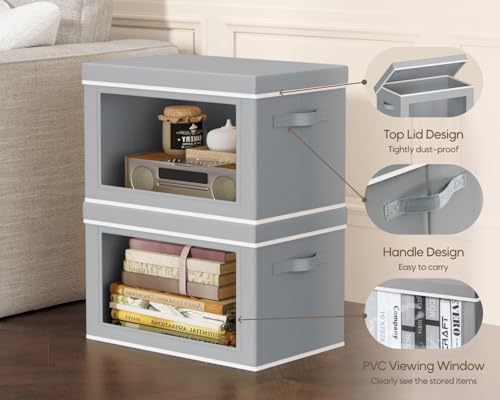 Image of Homsorout Collapsible Storage Bins with Lids - Stackable Storage Containers with Window, 15.7 Inch Fabric Organizing Bins for Closet, Home & Office Organization Baskets, Grey, 3 Pack