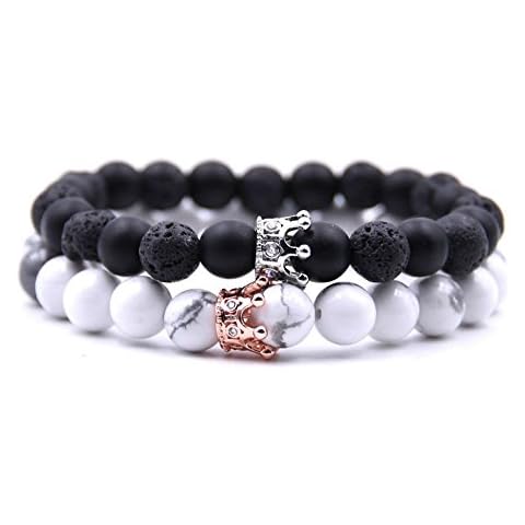2Pc Charm Women&Men Crown Beaded Bracelet Handmade Bead Lava Stone 8mm (Black and white) Cover