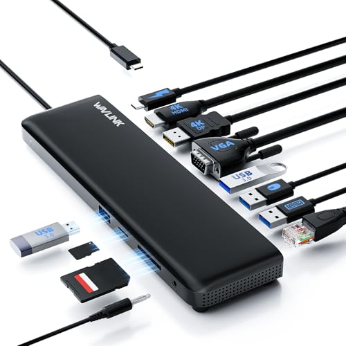 WAVLINK USB C Docking Station 3 Monitors, Docking Station with HDMI, DP, VGA, 100W PD, USB3.0&2.0, RJ45, SD/TF Slots, Audio/Microphone for Lenovo/HP/Dell etc - Black