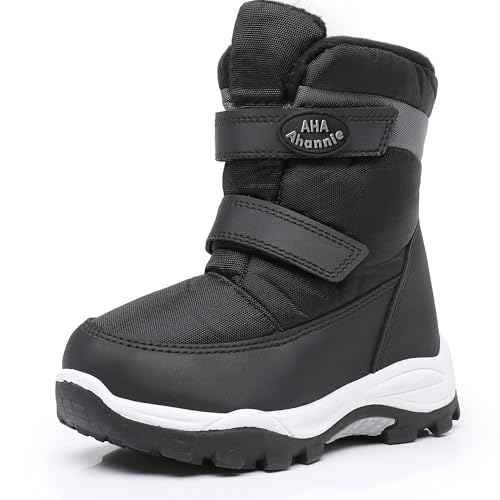 Ahannie Boys Snow Boots Toddler Kids Winter Boots Water Resistant Hook Loop Cold Weather Shoes (Toddler/Little Kid)(Black/Gray-10)