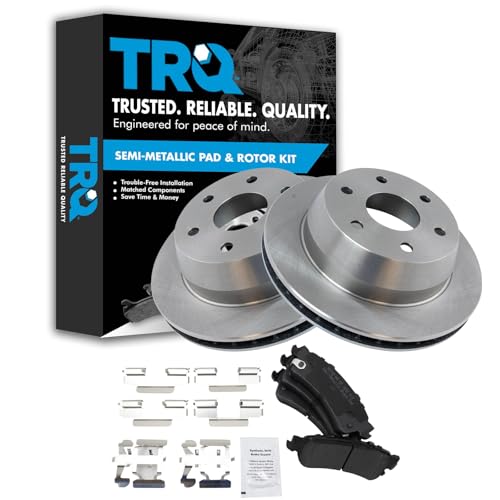 Image of TRQ Rear Brake Pad and Rotor Set Semi Metallic Vented Rotors | For 2001-2006 Chevrolet Silverado 1500 2002 Avalanche 1500 Tahoe GMC Sierra 1500 Cadillac Escalade 2000-2001 Yukon XL 1500