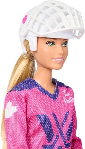 ​Barbie Tim Hortons PWHL 2025 Fashion Doll in Pink, Purple, & Teal Hockey Jersey, Includes Hockey Stick, Puck, and Helmet — view 2