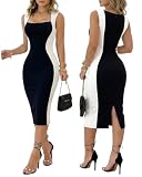ChicMe Couture Women's Colorblock Square Neck Midi Dress Sleeveless Back Slit Side Panel Bodycon Cocktail Work Dress-bw-L Blackwhite