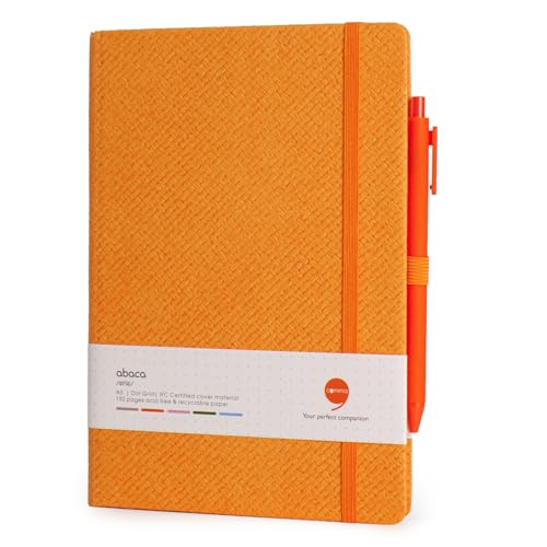 Image of COMMA Abaca - A5 Size - Dot Grid Hard Bound Notebook with Pen & Elastic Band Closure - 192 Pages - 80gsm Natural Shade Paper - Textured Cover Material - (Orange)