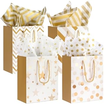 AMFUN 4 Pezzi Sacchetti Regalo Compleanno, Sacchetti Regalo Eleganti in Carta con 4 Veline e Manici, Sacchetti Caramella Biscotto di Festa per Compleanno, Matrimonio, 23 × 18 × 10cm