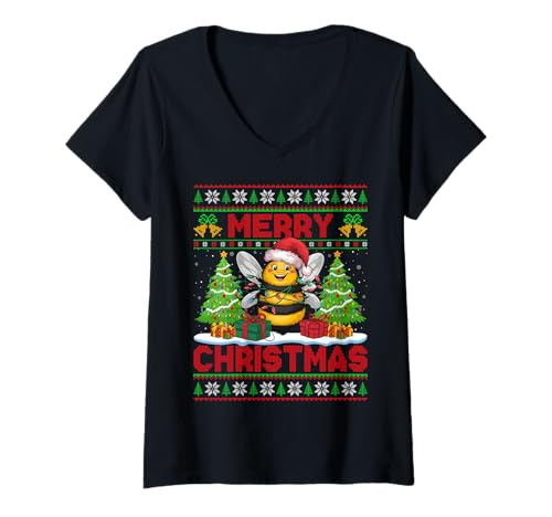 Womens Bumble Bee Ugly Christmas Sweaters Funny Santa Lights Xmas V-Neck T-Shirt