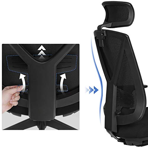 SONGMICS Sedia da Ufficio Ergonomica, Sedia da Scrivania con Poggiapiedi Allungabile, Meccanismo di Inclinazione (90-135°), Poggiatesta Regolabile, Portata 150 kg, Nero OBN61BKV1