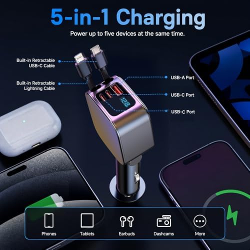 5-in-1 Retractable Car Charger USB C Fast Charge for Phones — view 4