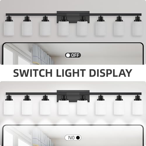 Image of 8-Light Bathroom Light Fixtures Over Mirror Black Vanity Light 52in | White Frosted Ribbed Glass Shade Modern Matte Black Vanity Lights Bathroom Wall Lamp Sconces for Mirror E26 Base