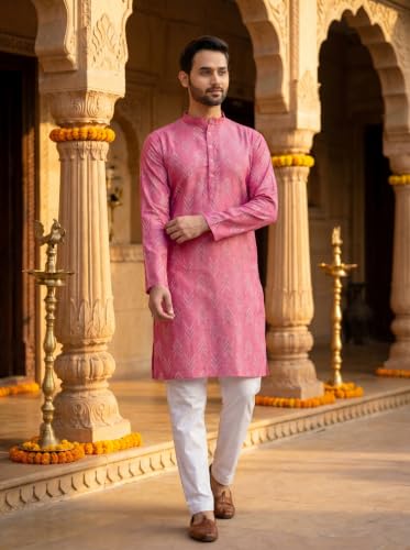 Image of Studio Shringaar Men's Cotton Blend Relaxed Fit Ikat Printed Knee Length Kurta
