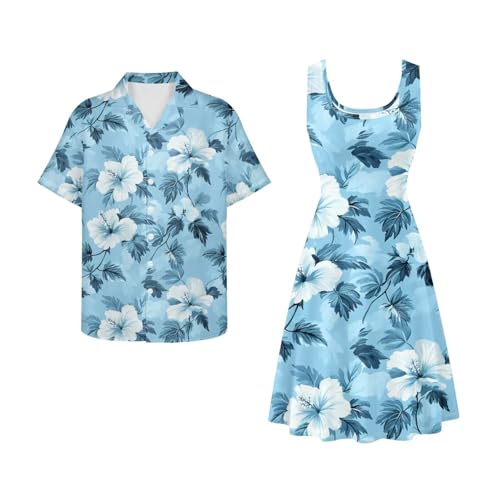 Dreaweet Blue Hibiscus Flower Dresses for Women with Pockets Summer Sleeveless A-Line Flowy Swing Midi Dress and Men's T-Shirt Casual Button-Down Shirts,Couple Matching Outfits