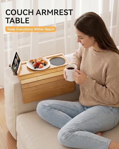 Yofidra Couch Armrest Table, Bamboo Sofa Arm Tray with 360° Rotating Phone Stand, 3 in 1 Foldable Couch Cup Holder with Non-Slip Pad, Sofa Organizer for Drink Remote Phone Snacks, Yellow — view 2