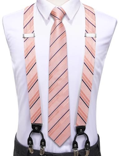 Image of Hi-Tie Men's Suspenders and Tie Set Silk Adjustable Elastic Y Braces with Strong 6 Clips Pocket Square Set