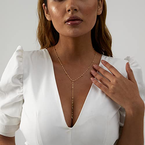 Jecomy 14K Gold Plated Lariat Necklace Dainty Long Gold Necklaces For Women Drop Y Necklace Bead Necklace Rope Chain Beaded Necklace Cute Jewelry For Teen Girls #TOP4