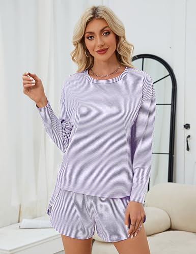JUSTFASHIONNOW Womens Long Sleeve Lounge Set 2 Piece Cute Sleep Wear Striped Sleepwear Comfy Split Short Pajama Set Soft Fall Outfits Loungewear Pj sets (Purple, Large) — view 4