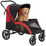 PawHut Dog Stroller, Easy Folding Pet Stroller for Large Dogs, Puppy Pram Pet Pushchair with 4 Big Wheels, Shock-Absorbing Frame, Safety Leashes, Brakes, Maximum Load 30 kg, Red/Black