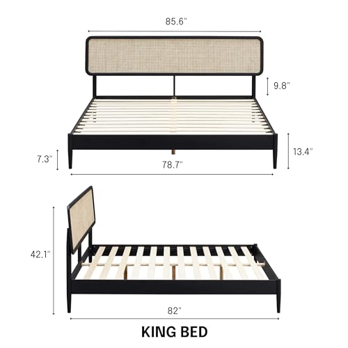 Image of NTC Lupin Wooden Bed Frame with Headboard and Natural Rattan, Solid Oak Foundation with Silent Slats, 1000 Lb Capacity, Effortless Assembly, King - Burnt Black