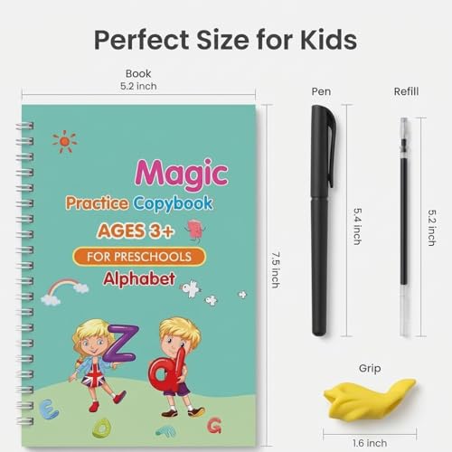 Image of Magic Practice Copybook Set for Kids (4 Books + 1 Pen + 10 Refills) | Reusable Number & Alphabet Tracing Book | Magic Calligraphy Writing Practice Book for Preschool Learning Tool
