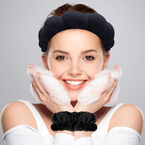 Image of Spa Headband and Wristband Set, Face Wash Headband Makeup Skincare Headband Wrist Bands Washing Face for Preppy Skincare Women Girl (Spa Headband - Black)