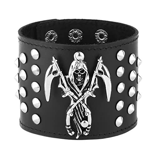 HZMAN Black Death Skull Leather Cuff Bracelet for Men Gothic Spike Studded Wide Leather Wrist Bracelet