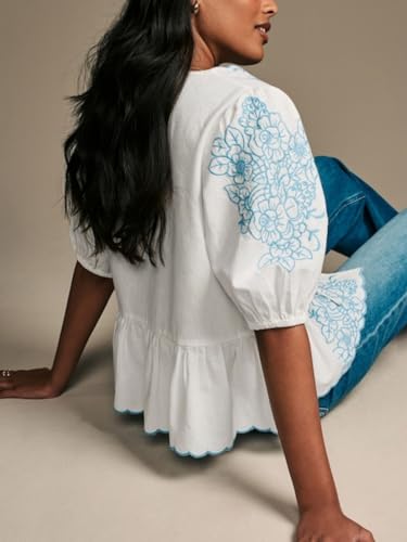 Women Tie Front Blouse Floral Embroidered Shirt Summer Tie Front Short Top Puff Sleeve Babydoll Peplum Ruffle Hem3