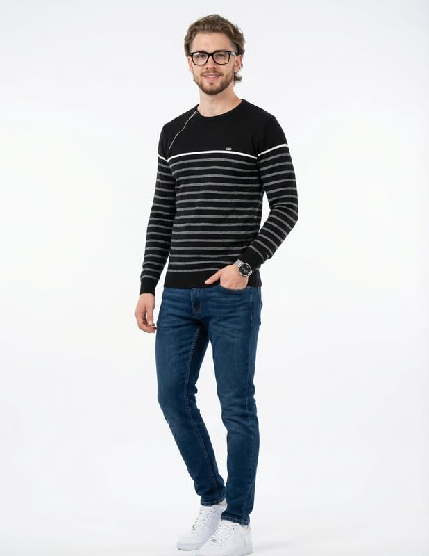 Round-Neck Striped Quarter-Zip Full-Sleeve Sweater for Men [Flat-Knit Pullover]-image-23