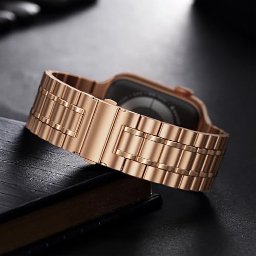 Image of Bestig Compatible with Apple Watch Bands for Men Women 40mm 38mm 41mm 42mm(Series 11 10),Premium Solid Stainless Steel Metal Business Wristband Strap for iWatch Series 10 9 8 7 6 SE 5 4 3 2 1,RoseGold