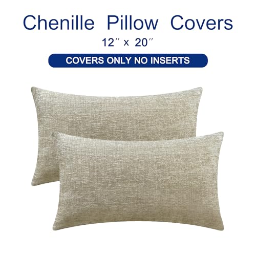 Image of CaliTime Pack of 2 Cozy Bolster Pillow Covers Cases for Couch Sofa Home Decoration Solid Dyed Soft Chenille 12 X 20 Inches Light Taupe