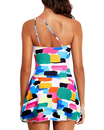 Image of Tempt Me Women One Piece Swim Dress One Shoulder Swimsuit | Tummy control, Skirted bottom, Adjustable shoulder straps, Removable bra