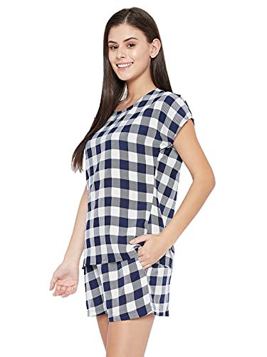 Image of Clovia Women's Crepe Classy Checks Button Down Shirt & Shorts Set - Blue