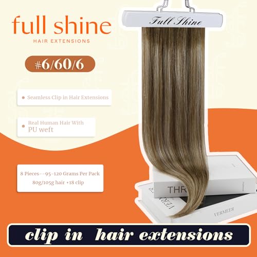 Image of Full Shine Balayage Clip in Hair Extensions, Chestnut Brown Platinum Blonde | Remy Human Hair, 20 Inch 120g 8 Pcs, Seamless PU Weft, Balanced Length and Volume, Heat Styling, Daily Wear, Offic Chic
