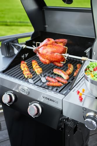 RÖSLE ALLFLAME Drehspieß, Rotisserie-Spieß für Grill, Edelstahl 6-Kant-Spieß bis 10 kg, Elektromotor mit Netzteil, 3 U/min, Silbern/schwarz