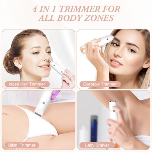 AOOWU Afeitadora Mujer, 4 en 1 Rasuradora Mujer Zona Intima, Recargable Kit Afeitadora Electrica, Portátil Afeitadora Electrica Mujer para Cuerpo, Zona del Bikini, Vello Facial, Nariz y Cejas, Blanco - imagen 4