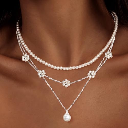Image of Zeffy Gold Pearl Necklace for Women, Dainty 14K Gold /Silve Plated Layered Pearl Choker Pearl Earrings Pearl Bracelets Wedding Trendy Gold Jewelry Set for Women Gifts