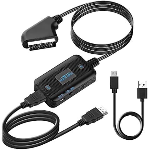 Scart to HDMI Converter with HDMI and Scart Cable,KUYiA Scart to HDMI Switch Video Audio Upscale Adapter,SCART In HDMI Out Adaptor Cable for HDTV Monitor Projector STB VHS Xbox PS3 Cover