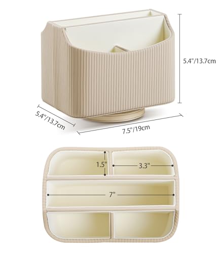 PU Leather Remote Control Holder, 360 Degree Rotating Desk Organizer Storage Table Remote Caddy, Spinning Bedside Organizer Nightstand Organizer for Desktop Office Home (Beige) - Image 5