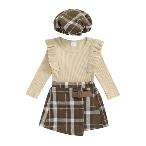Image of Madjtlqy Toddler Baby Girl Clothes Fall Winter Outfit Ruffle Sleeve Tops + Plaid Skirt + Hat 12 18 24 Months 2t 3t 4t