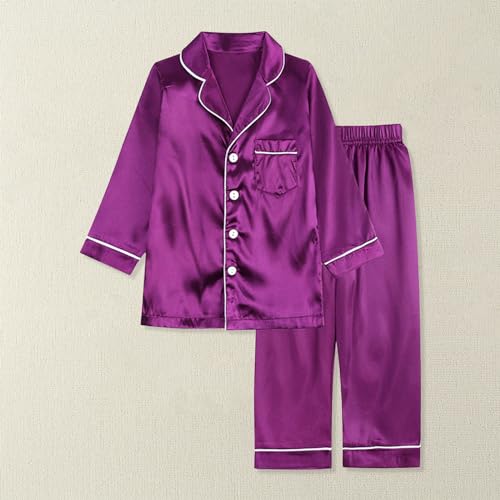 Girls 𝗦ilk 𝐏a𝐣ama Set Long Sleeve Satin 𝐏ajamas 2 Piece Button Down Loung𝐞wear with Pants Kids Plain Sl𝐞epwear2