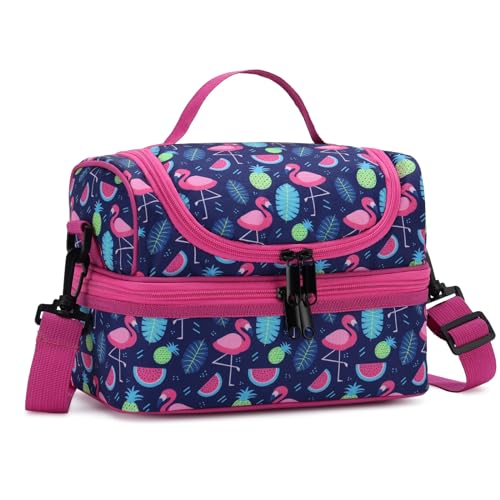 Lunch Bag for Kids,ChaseChic Insulated Lunch Boxes for Boys Girls Lightweight Lunch Organizer Leak-Proof Cooler Bag in Dual Compartment with Detachable Adjustable Shoulder Strap, Flamingo