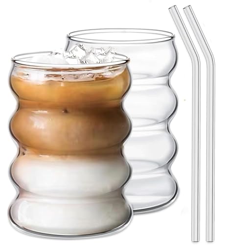 Image of KELVEE Reusable Round Wave Shape Coffee Glass Tumbler with Straw Round Wave Shape Pack of 1, 500ml Multipurpose Drinking Matcha Glasses Aesthetic Sipper Mug for Juice Smoothies Green Tea Cup (Wave)