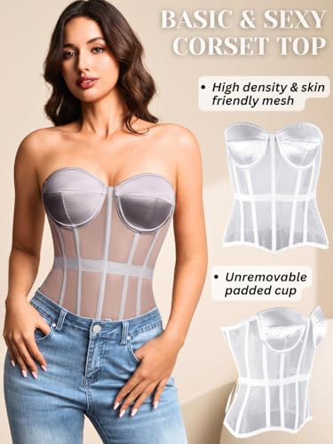 Image of Kaei&Shi Sheer Mesh Overbust Corset,Sexy Strapless Lace Up Satin Bra Corsets Top For Women Shapewear