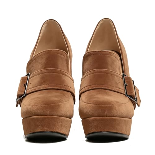 Image of SHODENSE Women Vintage Chunky Platform Loafers Pumps Tassel Round Closed Toe Slip On Suede Block High Heel Dress Loafer Shoes Buckle Strap Oxford Loafers Fringe Pump Dressy Chic Sexy Y2k 4-11 M US