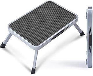 TOMORAL One Step Ladder, Folding Step Stool with Non-Slip Rubber Mat, Lightweight Steel Kitchen Stool, 150 kg Maximum Weigh