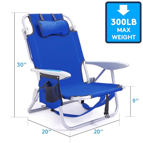 Portable Beach Chair for Adults, Outdoor Camping Chair Lay Flat Folding Backpack Beach Reclining Chair with 5 Positions, Headrest, Zipper Pouch, Cup Holder, Blue3