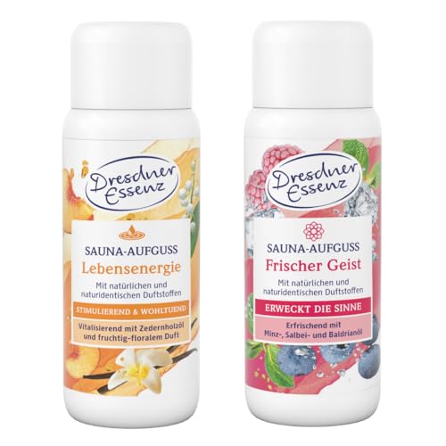 Dresdner Essenz Sauna-Aufguss 2er-Set – Lebensenergie & Frischer Geist – Mit natürlichen ätherischen Ölen – Belebende & konzentrationsfördernde Duftkomposition – je 250 ml