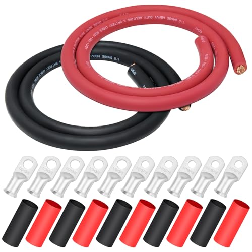 Image of 1 /0 Gauge Welding Cable,iGreely 1 /0 AWG Pure Copper Battery Welding Wires for Auto Solar Generator,5pcs of 5 /16 inch inch& 5pcs 3 /8 inch inch Copper Lug Terminal Connector with Heat Shrink Tubing 5Ft Black+5Ft Red